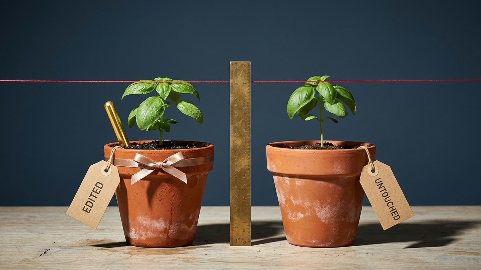 Two basil plants, one pampered with fertiliser and tagged "EDITED", one tagged "UNTOUCHED", grown to exactly the same height—the edit earned nothing.