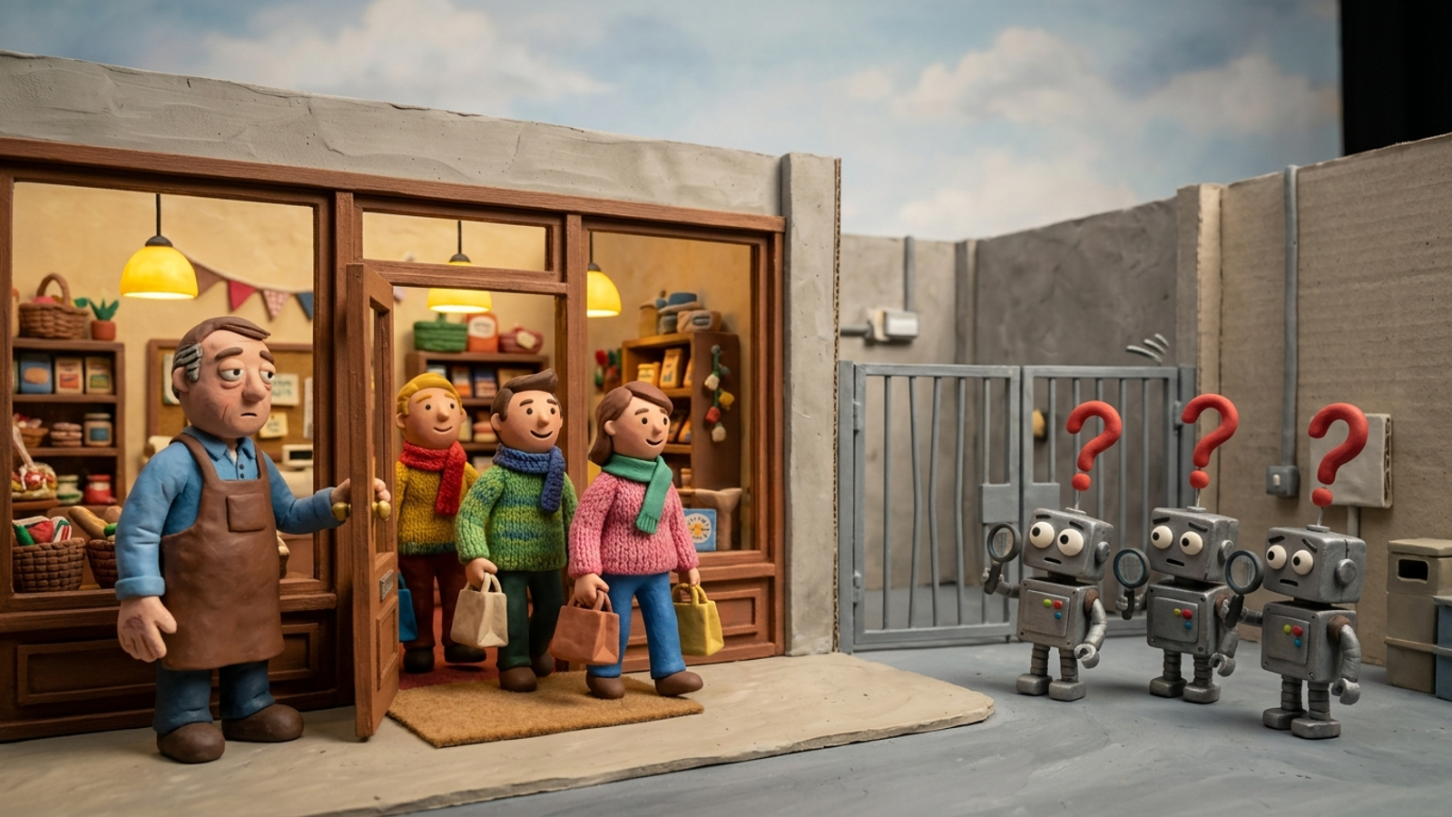 Claymation site manager watching a server gate turn away small AI bots while human visitors pass through