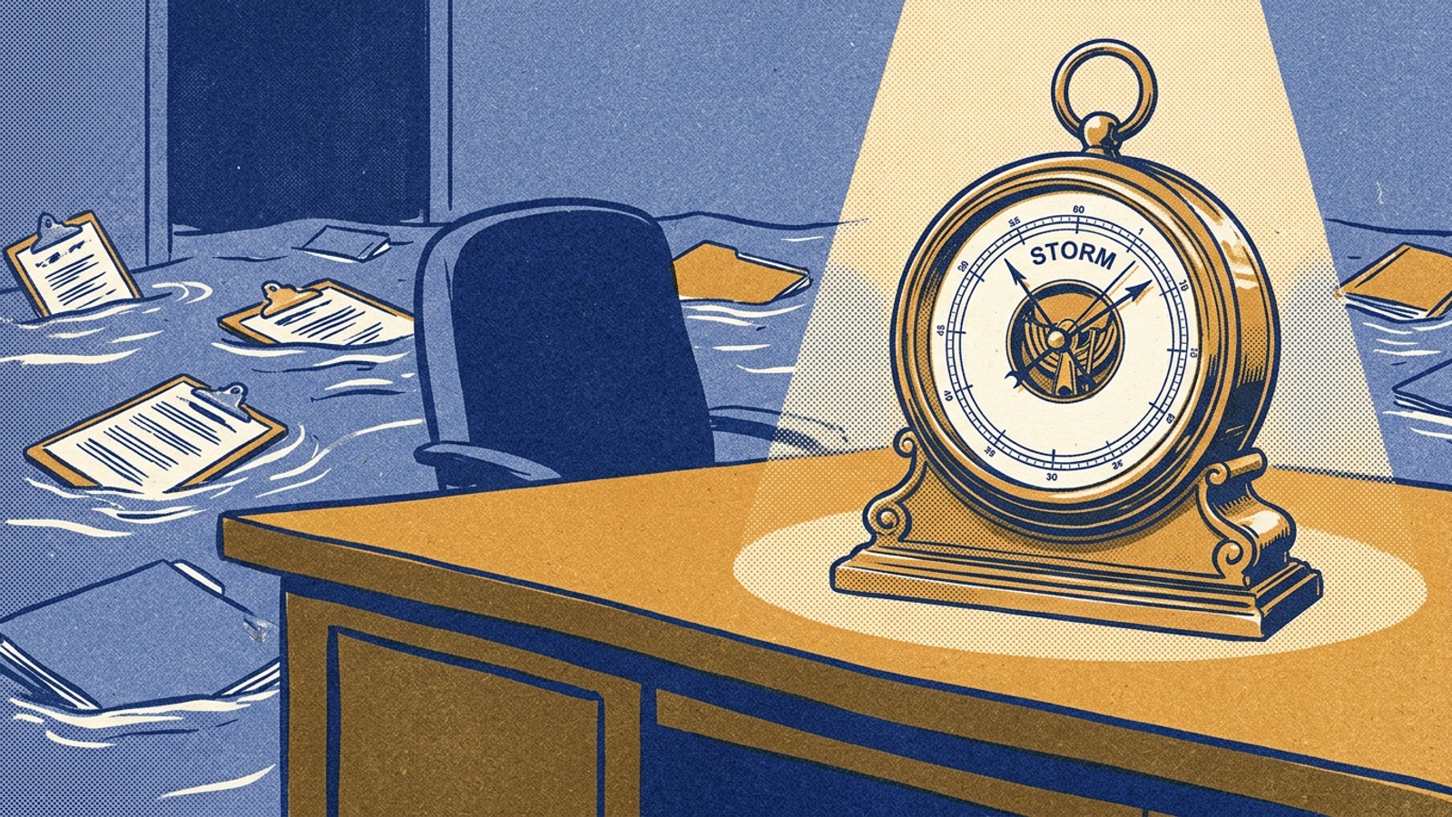 An elaborate brass barometer sits on a desk while water floods the office around it.